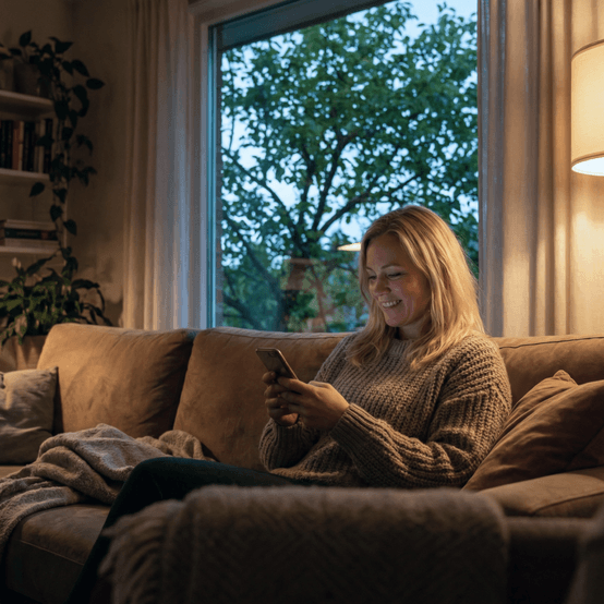Kvinde sidder i sofaen og udfylder forsikringsoplysninger på telefonen.
